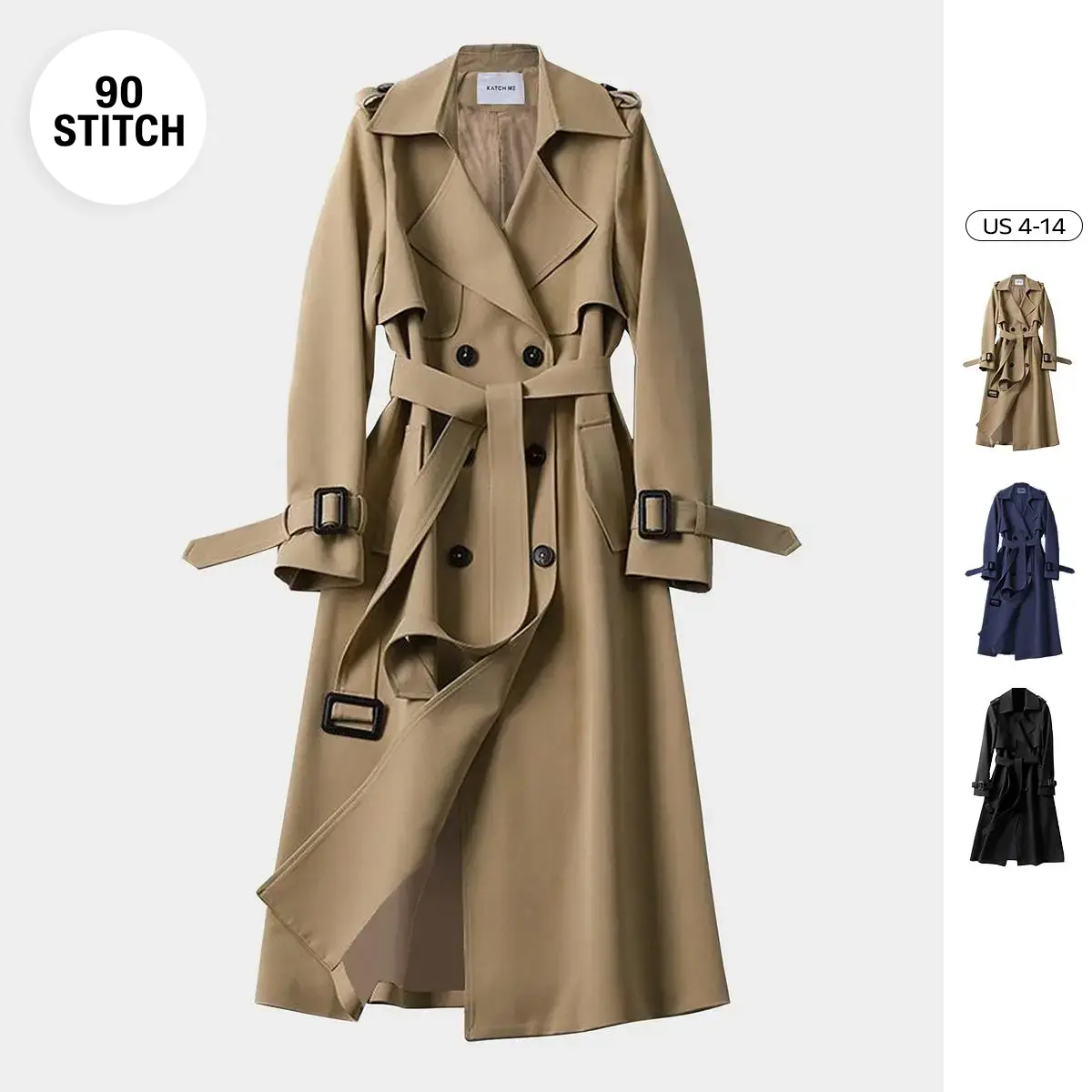 90Stitch Women's Mid Length Notch Lapel Double Breasted Trench Coat - Detachable Wrap Tie Waist Solid Color Outerwear for Fall & Winter