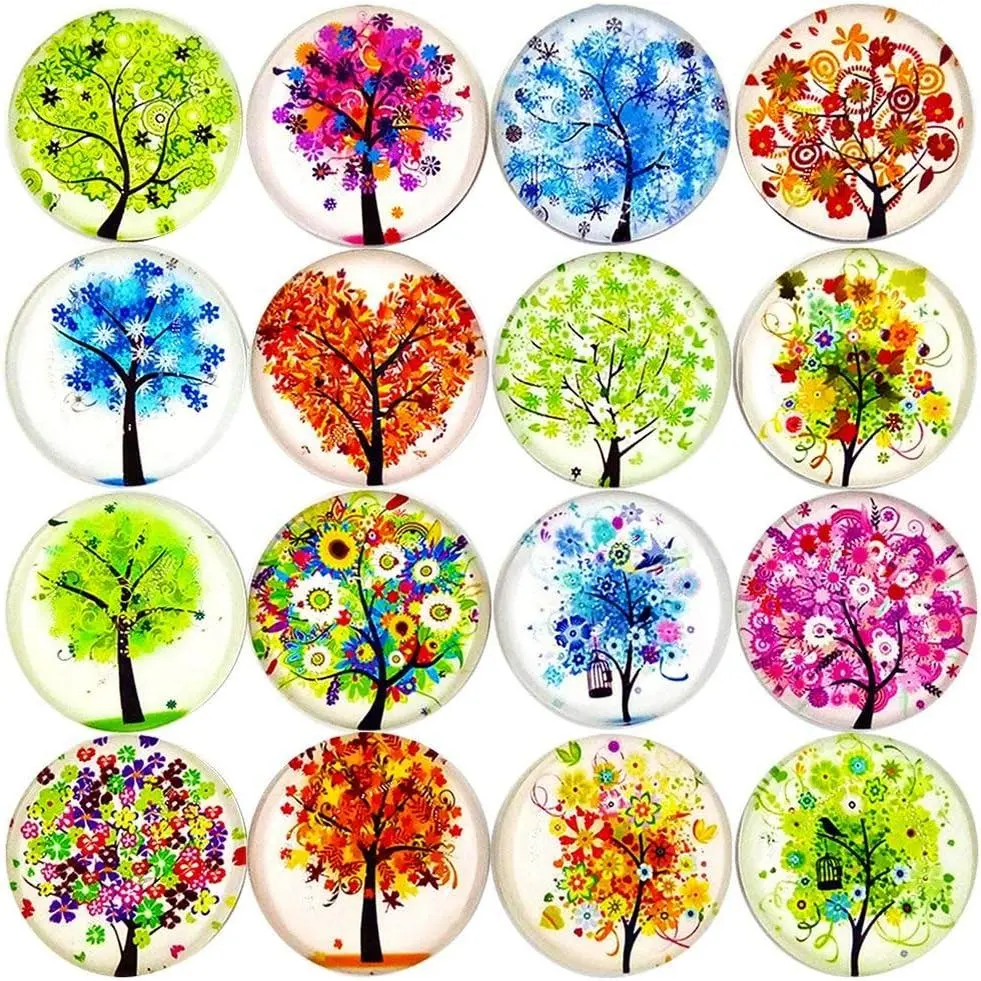 Patterned Tree Decorative Fridge Magnets Set - 16-Pack Round Crystal Glass Durable Magnetic Soft Magnets with Smooth Surface for Office Cabinets, Whiteboards (Fridge Decor)