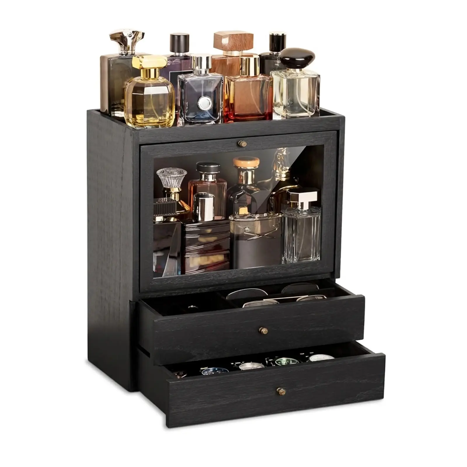 Dustproof Wood Cologne Stand Display - 4 Tier Vertical Display Storage Organization, 16.5''x13.23''x7.64'' Rectangle Holder with Acrylic Panel, Double Drawer Black Countertop Shelf for Dresser Vanity, 16.5 ''X 13.23 ''X 7.64 ''