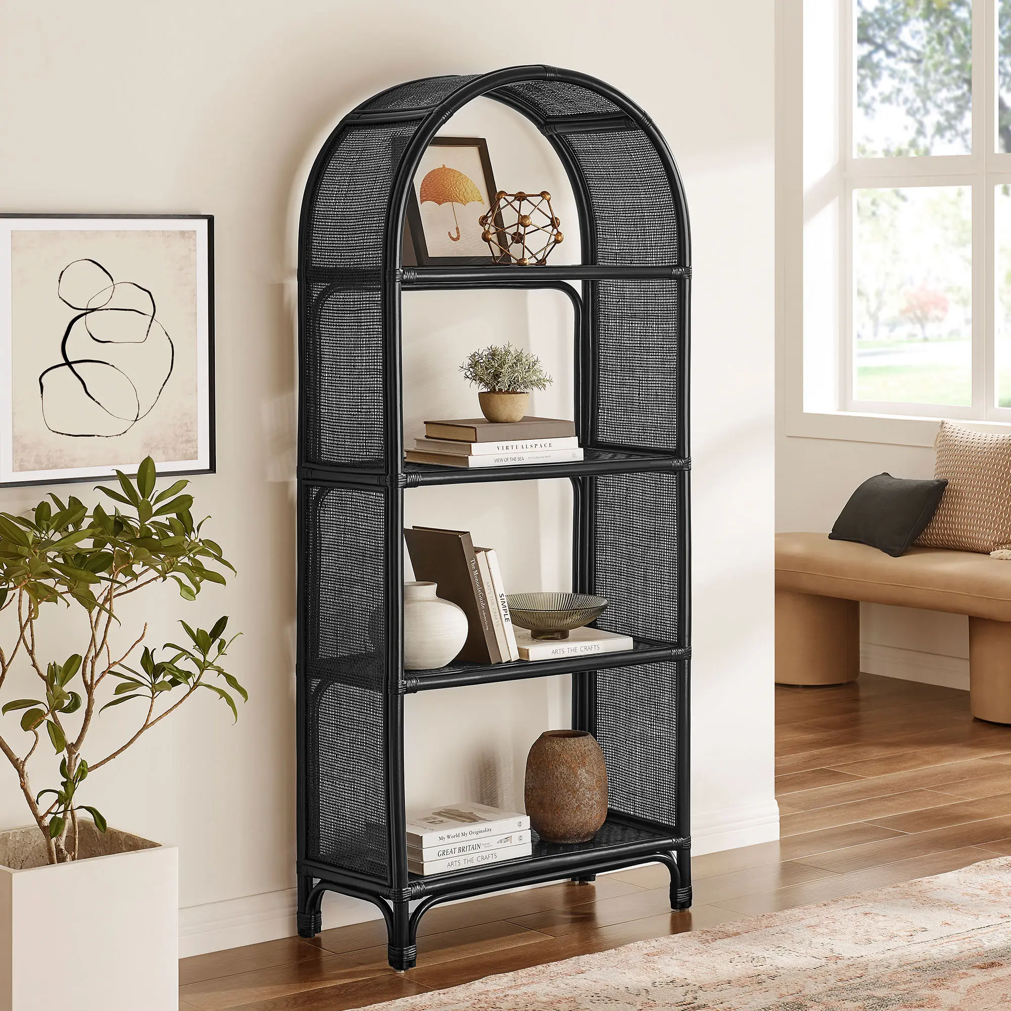 Modway Celeste 67-Inch Tall Arched Black Natural Rattan Open Bookshelf, Clean Design Living Room Furniture, Cabinet Living Room Furniture, Bookshelf Design Living Room Furniture