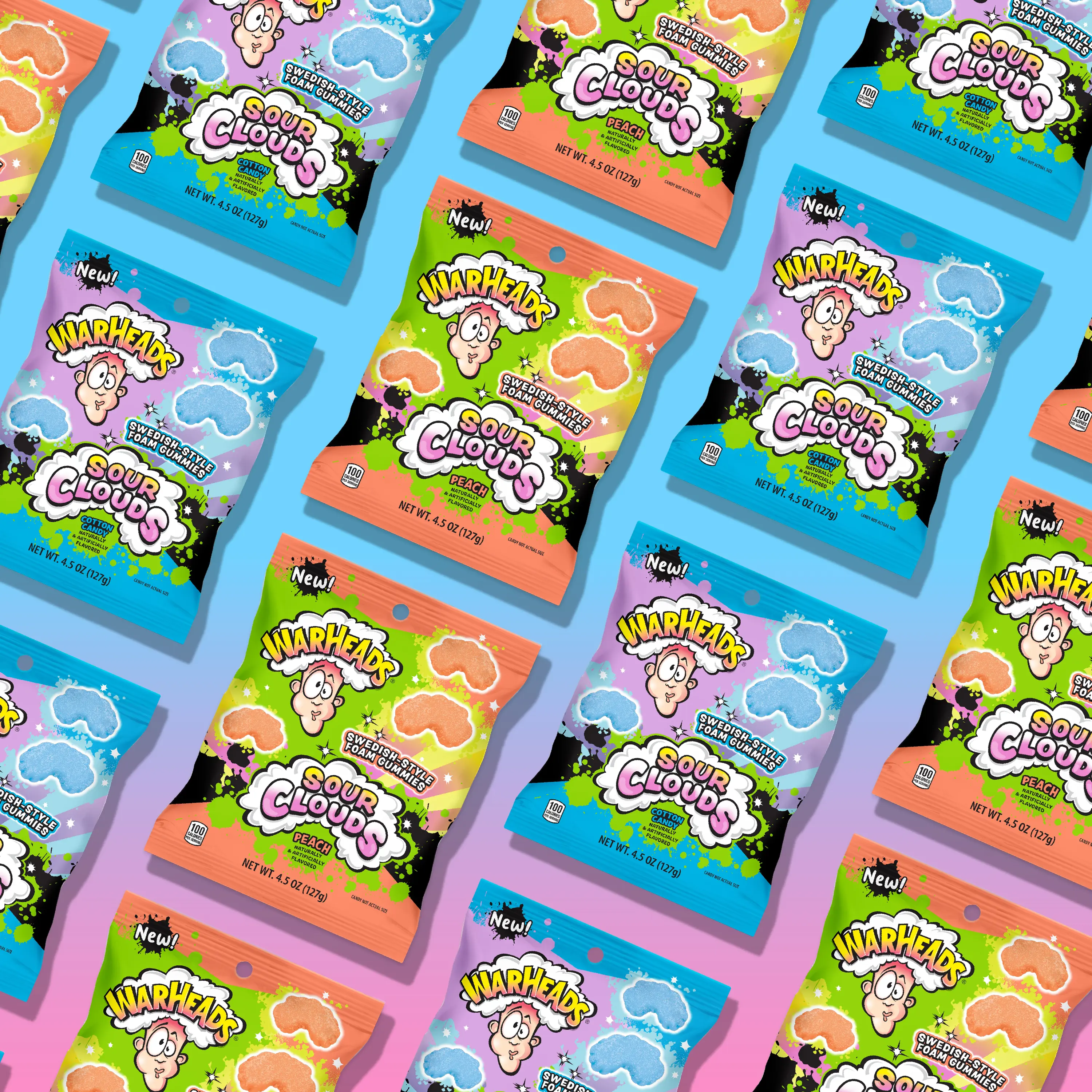 Warheads Bundle: 3 - Cotton Candy & 3 - Peach Sour Clouds - Swedish Style Foam Gummy Candy - 4.5 oz Peg Bag - 6 Pack Mix