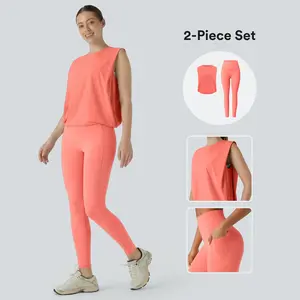 Halara 2 Piece Round Neck Ruched InstantCool Yoga Tank Top-UPF50+&UltraSculpt High Waisted Tummy Control Pocket Shaping Training Leggings Set