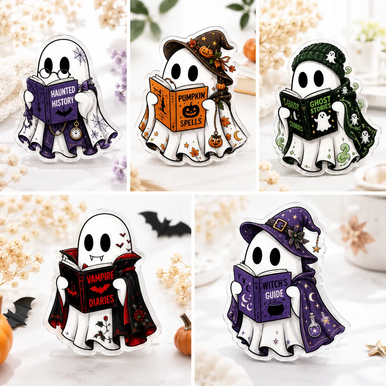 Spooky Ghost Phone Grip Set, Aesthetic Witchy Pop Socket, Cute Reading Bookworm Phone Holder