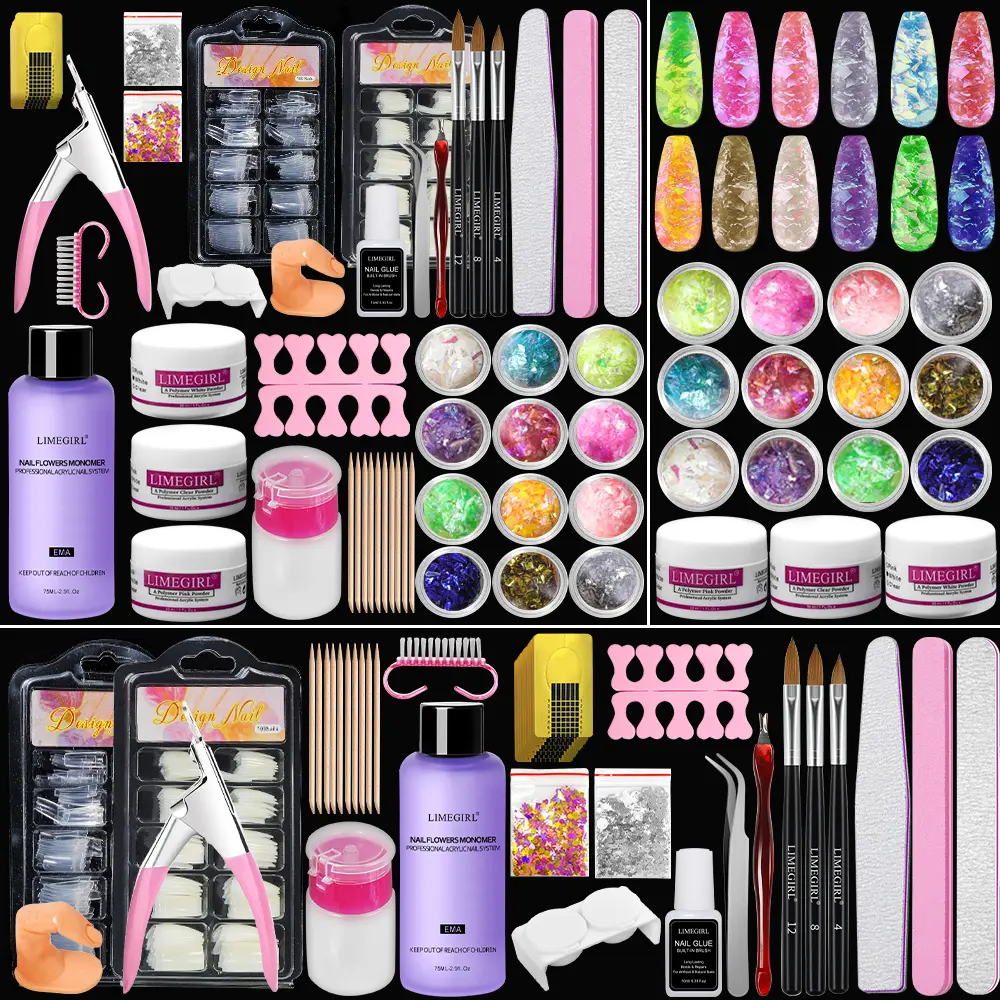 LIMEGIRL Acrylic Nail Kit for Beginners with 75ml Liquid, Nude Powder, Gel Polish, Glitter Decorations, Professional Set for Women's Manicure Gift Acrylic Powder and Liquid Set for Artificial Nails