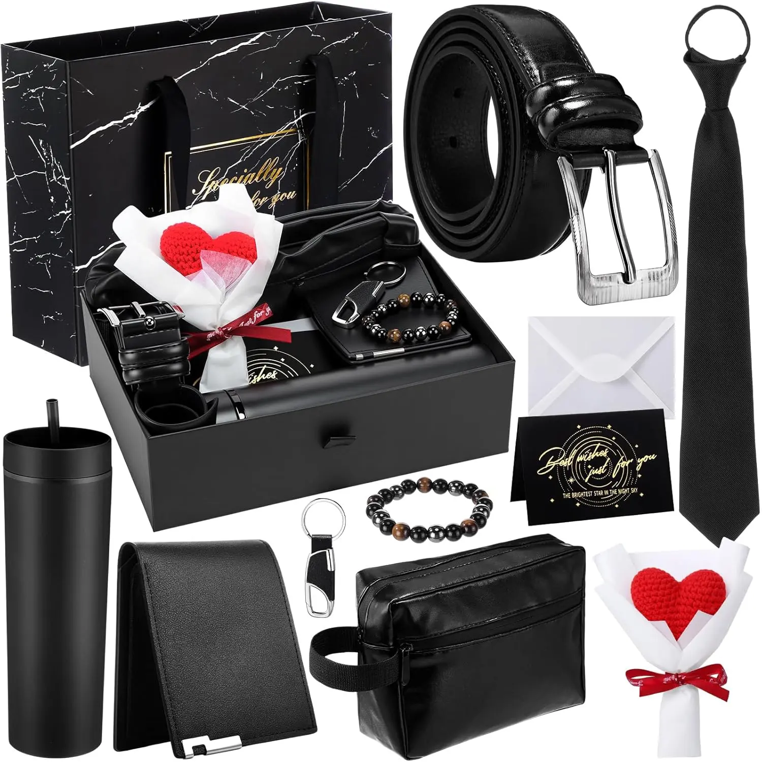 Halloween Fall Gift Father Day Gifts 10 Pcs Set, Birthday Men Gift Basket Box Kit -16 oz Tumblers Wallet Tie Belt Anniversary Thank You Present for Dad Husband Boyfriend(Heart)