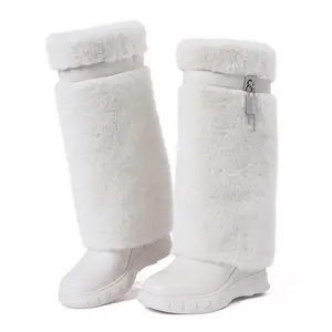 CELNEPHO Womens Faux Fur Knee High Boots Plush Fur Snow Boot Round Toe Platform Wedge Heel Trim Padlock Design Warm Cozy Comfy Easy Pull on Work Casual Gift Outdoor Party Dressy Fold Over Shark Yeti Shoes