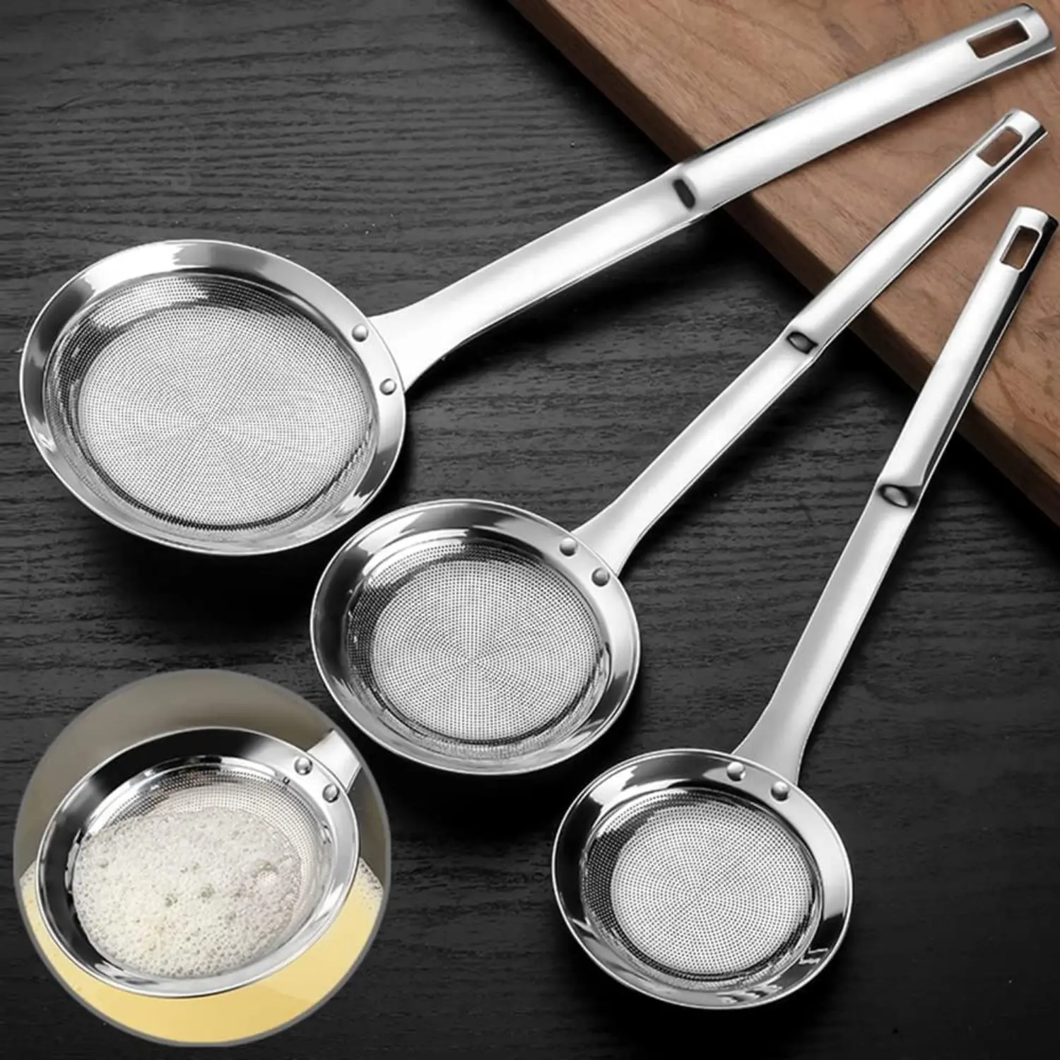 3 Pack Sieve Fine Mesh Strainer Set,Stainless Steel Metal Flat Cooking Skimmer Ladle Colander With Handle,Food Strainer Kitchen Tools For Kitchen Baking Oil Filter Flour Sifter Foam,Hand Tools Kits