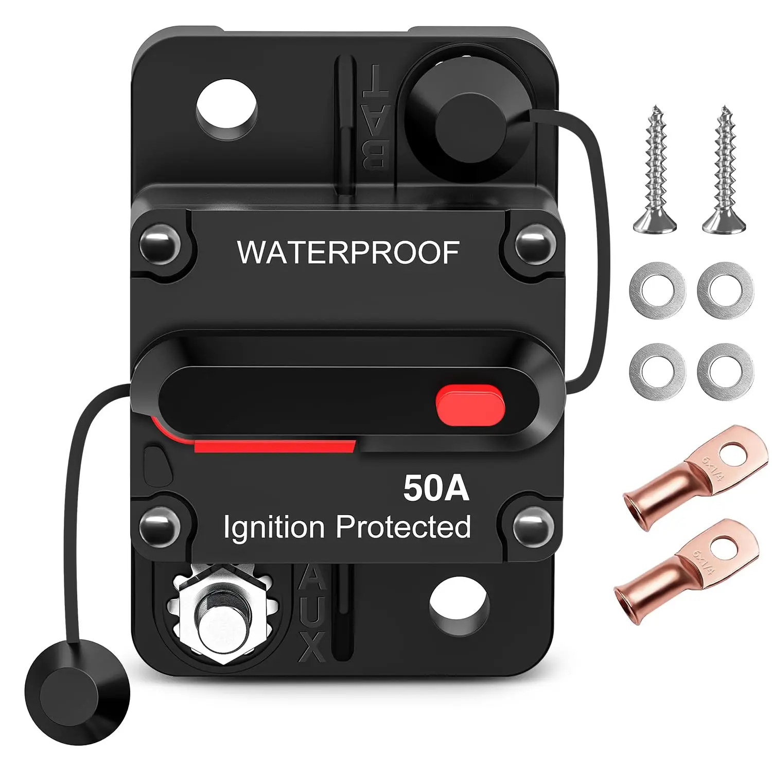 Nilight 50A Resettable Circuit Breaker Protector, 12-48V DC Manual Reset, Copper Wire Lugs, Surface/Panel Mount Compatible, for Car Audio Amplifiers, Outdoor RV Use