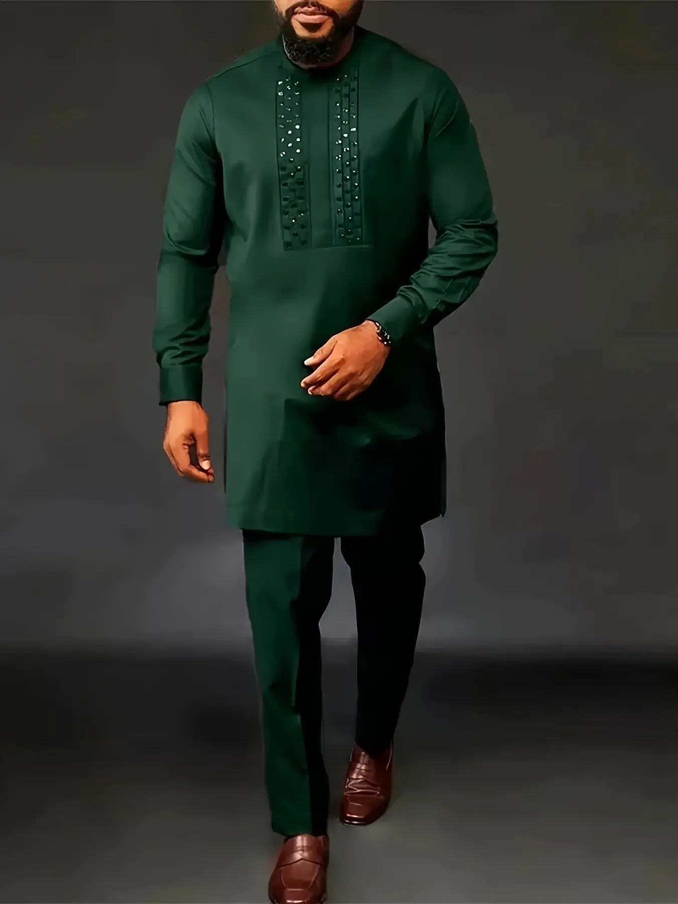 New Arrival Men's Traditional Formal Muslim African, Rhinestone Top and Long Pants 2-Piece Set, Cross-Border Fashion, Classy Tops, Tops Bottoms, Outfits