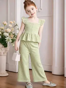 Girls' Knit Elastic Fashion 2-Piece Set, Waffle Sleeveless Ruffle Top & Wide Leg Pants, Party or Valentine's Gift, Casual Outfit Set, Toddler 3-8 Years