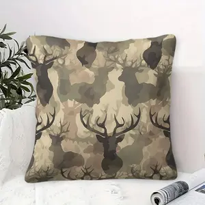 Camouflage Deer Head Silhouette Throw Pillow, Hardcore Retro Style Square Cushion, Suitable for Decorating Living Rooms, Bedrooms, Sofas, Chairs, Beds, Cars, and Also Suitable for Travel Carrying. Contains Pillow Core.