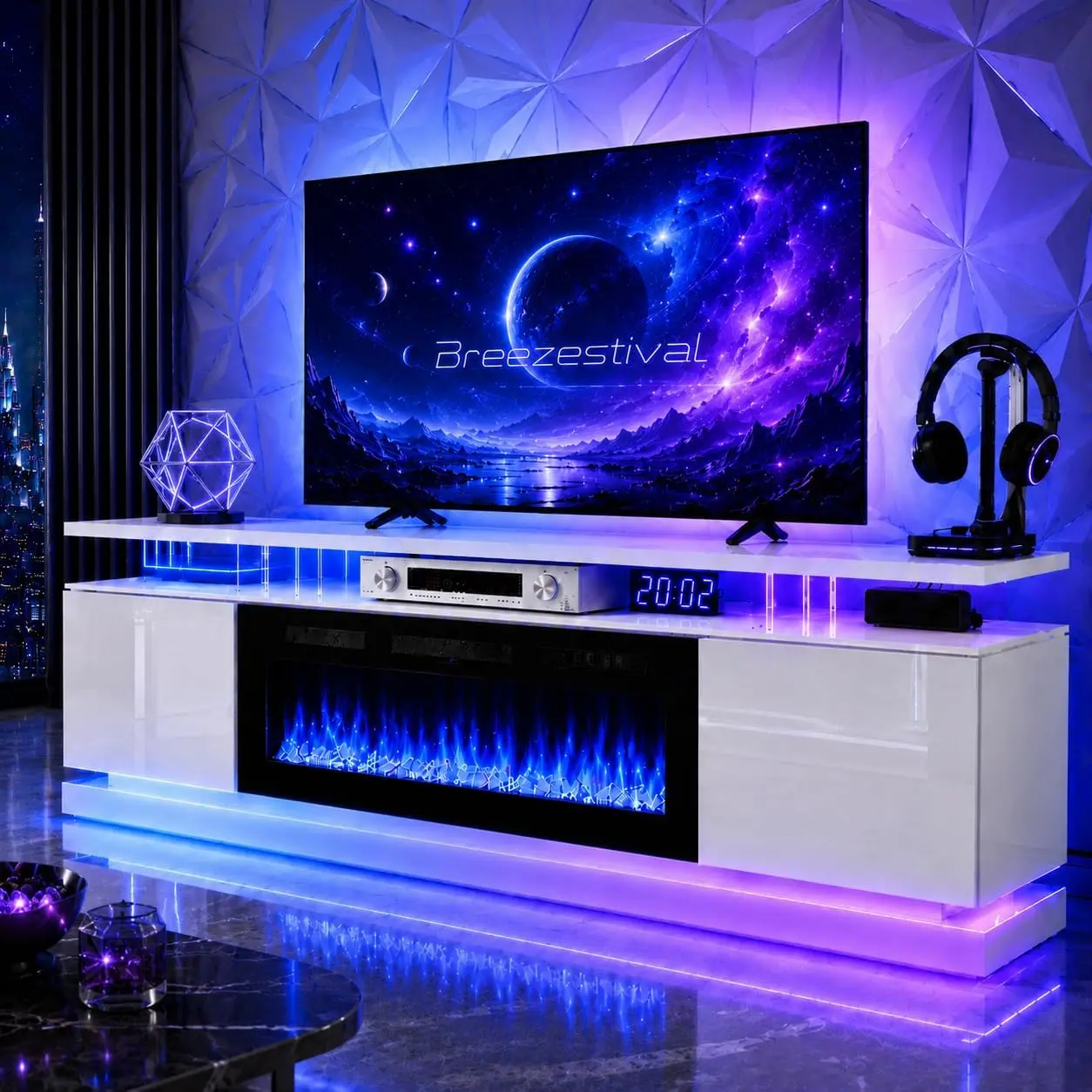 70''/80" Fireplace TV Stand, Modern Entertainment Center for TVs Up to 90", TV Console with Storage Cabinets, Media Console for Living Room, Marble Black TV Stand and Black Fireplace height adjustable portable tv stand multifunctional