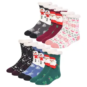 6 Pairs Fuzzy Slipper Socks with Grippers Non Slip Christmas Gift Fleece Lined Warm Lining Xmas Gifts Party Non Skid Ripple Sleeping reading Comfort