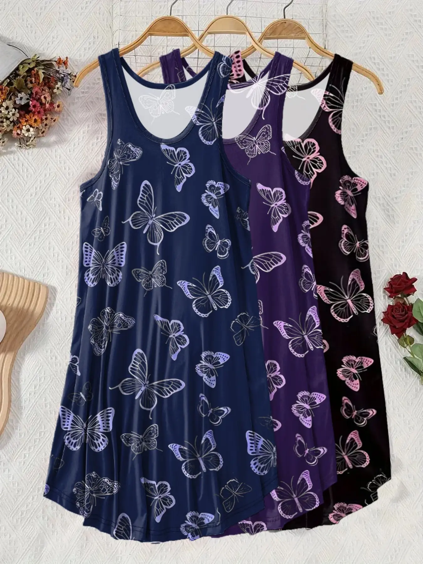 3-Piece Women's Trendy Aesthetic Butterfly Print Sleeveless Loose Fit Tank Dress - Casual Summer Flowy Loungewear for Beach & Vacation Casual Dresses