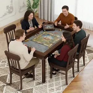 63" x 40" Board Game Table with Removable Table Top for 4–6 Players, Gaming and Dining Table with Solid Wood Legs, Non-Slip Play Mat, Rotating Cup Holders-Rustic Brown
