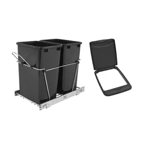 Rev-A-Shelf Double 35 Qt Pull-Out Waste Bin Containers & Flip Top Waste Bin Lid Kitchen Cabinet Plastic Slide
