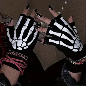 Unisex 2-Pairs Fleece Half-Finger Gloves, Black Fluorescent Skeleton Print, Stretchable Touchscreen Sports Protective Gear, Halloween Dress-Up & Going Out Creepy Accessories