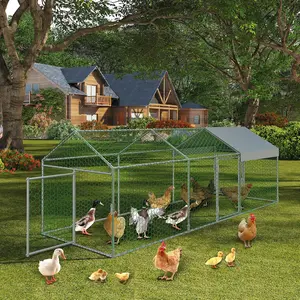 Large Metal Chicken Coop with Waterproof and Anti-UV Cover, 120" x40" x40" Chicken Run with 3 Doors, Outdoor Hen House for Yard, Walk in Poultry Cage for Rabbit Duck Goose, Silver