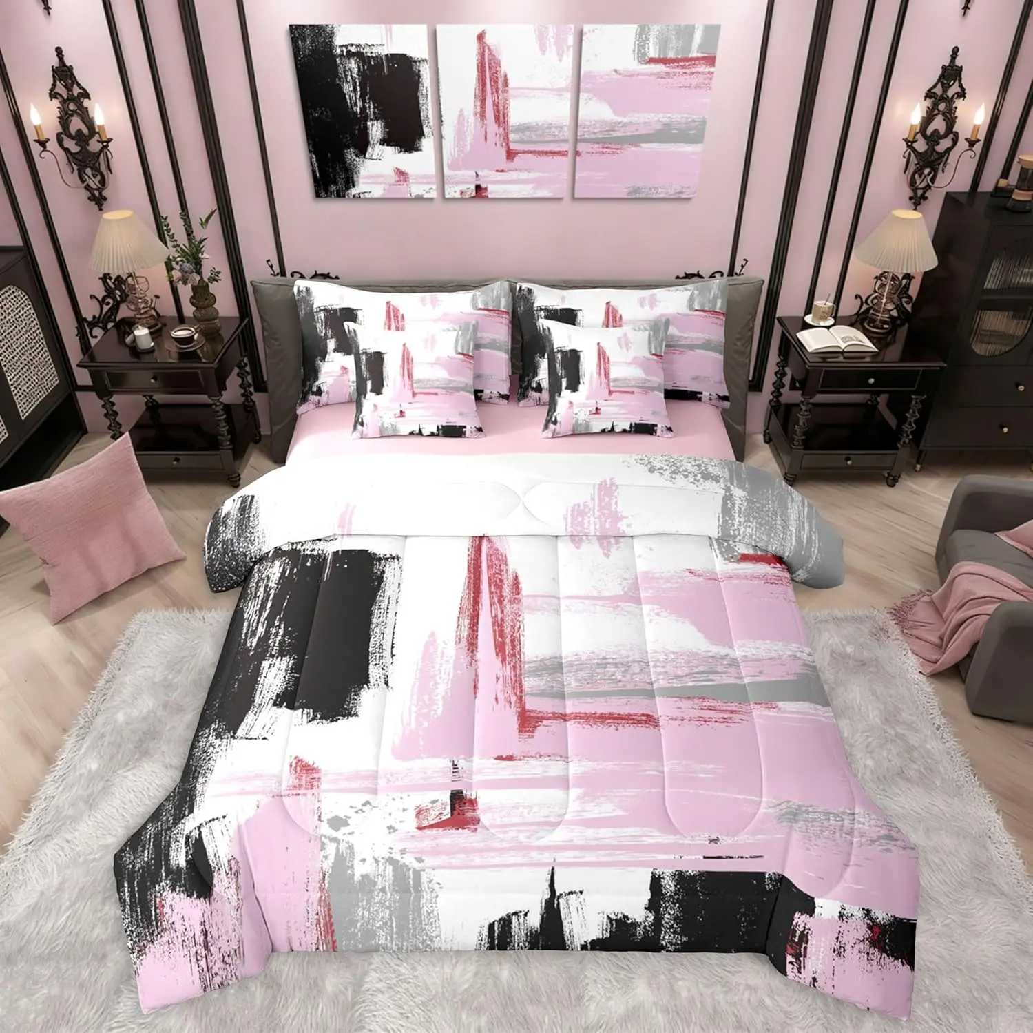 Pink and Black 7 Pieces Bedding Set,Abstract Oil Painting Bed in a Bag,Vintage Watercolor Artwork Bed Set Includes Comforter,Sheet Set,Pillowcases & Pillow Covers,Modern Fashion Bedroom Decor