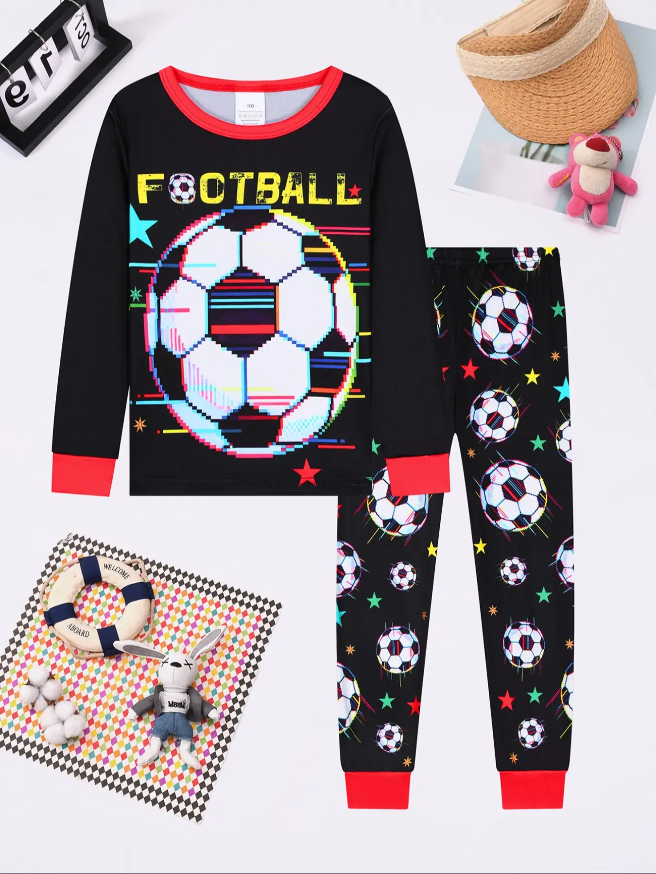 Boys Short Sleeve Shorts Pajama Set, Football Digital Print, Cartoon Pattern Pajamas, Skin-Friendly Breathable, Casual Home Playwear, All Seasons, Cartoon Print Sleepwear, Snug Fit Pajamas