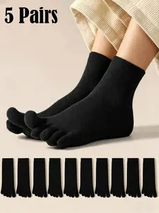 5 Pairs Unisex Five-Finger Plain Sports Socks, Breathable Sweat-Wicking Mid-Calf, Anti-Chafe, Ideal for Daily Wear, Running, Yoga, Hiking, All Seasons