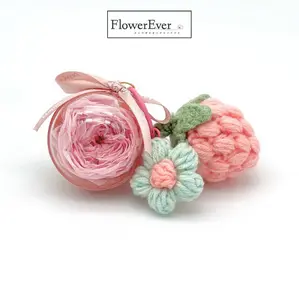 Preserved Real Rose Pink Keychain w. Strawberry Crochet | Modern Floral Gifts