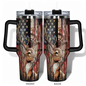 40oz, 1pc Gift, Stainless Steel Cup, Insulated and Durable, Stainless Steel Tumbler, Featuring a beautiful American Flag Deer Design, Perfect Gift for Horse Lovers and Equestrians, Great for Hot or Cold Beverages