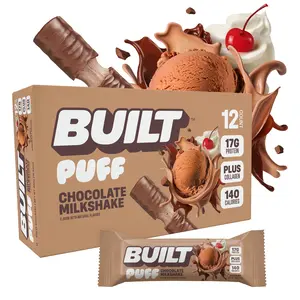 Official BUILT Bar, Puff Protein Bar Snacks, Chocolate Milkshake Puff, 17g Protein, 140 Calories, Collagen, Gluten Free, 12 Count Box