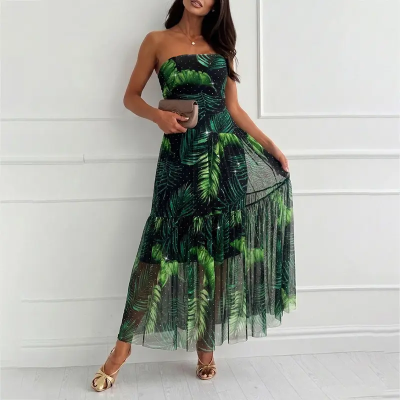 CHICME Women's Tropical Leaf Print Tube Maxi Dress Sexy Sheer Mesh Rhinestone Ruched Long Dress with Detachable Clear Straps