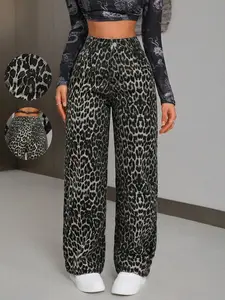 Women's Leopard Print Wide Leg Relaxed Fit Jeans, Womenswear, Summer High Waisted Loose Casual Fit Straight Long Pants, Fashion Button Front Mid Waist Denim