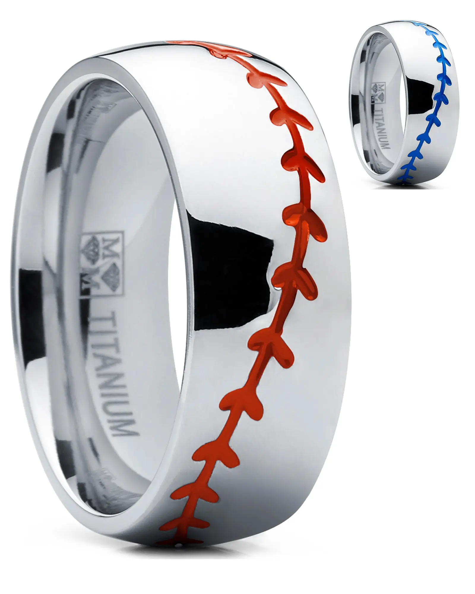 Men's Sports Fan Titanium Metal Dome Style Ring - 8MM Dome Shape, Red Baseball Stitching Design, Enamel Detail, High Polish Comfort-Fit Artificial Gemstone Durable Jewelry Accessory for Adults