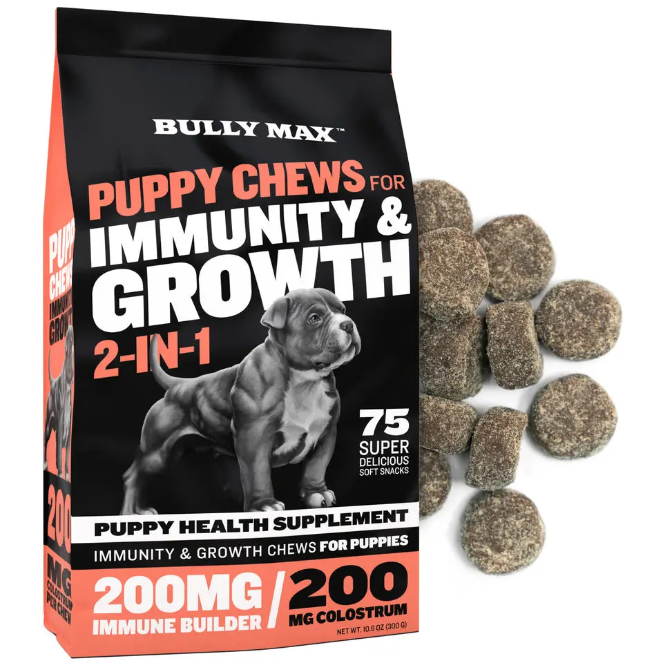 Bully Max 2-in-1 Puppy Chews for Immunity & Growth (75 Chews) – Dog Supplement for Immunity, Growth, Digestive Health, and Muscle Support with Colostrum