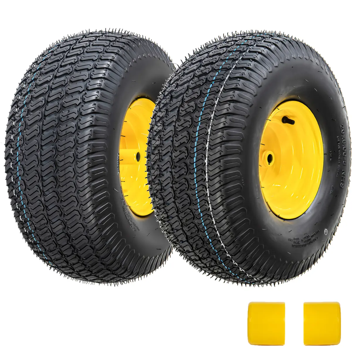 Set of 2 20x8.00-8 Lawn Mower Tires and Wheel Assembly, 4-Ply Tubeless Turf Tread Heavy Duty, 3.5" Centered Hub with 3/4" Bore and 3/16" Keyway, Yellow Steel Rim for Zero-Turn Mowers, 905 lbs Capacity