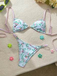 2026 Spring Summer Women's Floral Print Bikini Set, Adjustable Straps, Triangle Cups, Low Waist Bottoms, Lightweight Stretch Fabric for Beach and Pool