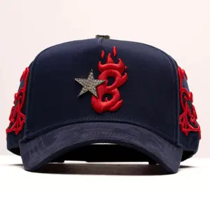 Barbas Hats B-Star Premium Snapback – Navy Blue Adjustable Streetwear Cap with Red Flame “B” Embroidery & Crystal Star Detail, Premium Urban Baseball Cap for Men Women, Hip Hop Fashion Headwear, Trendy Latino Style
