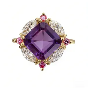 Cushion-Cut Amethyst Multi-Gemstone Ring - Art Deco Color Coordinated Flower Cluster Ring, Unique Accessories with Simulated Crystal Marquise Stones for Cocktail Parties, Color Coordinated Rings