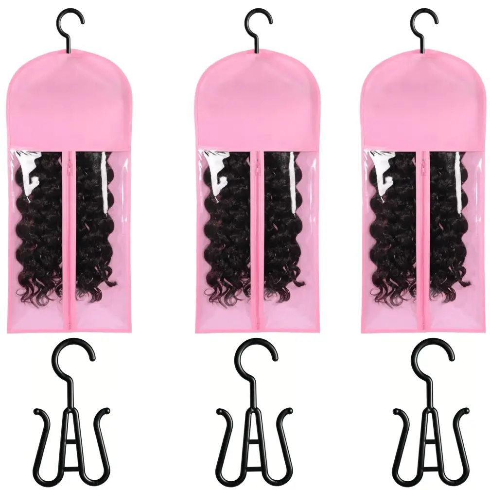 3 Pcs Lightweight Collapsible Wig Storage Bag with Hanger - Transparent Front Dustproof Wig Holder Accessory, Hanging Hair Extension Organizer Cover for Travel & Closet