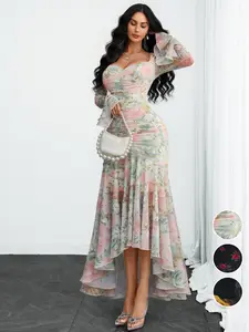 Women's Elegant Ruched V-Neck Dress, Bodycon Fit, Double Layer Printed Skirt, Sexy and Chic, Perfect for Parties and Events