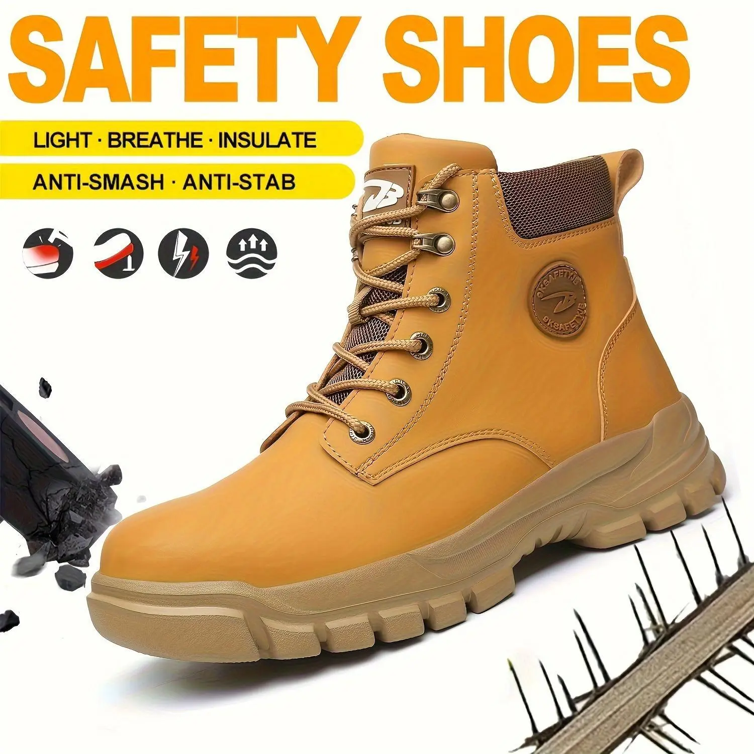 QINGRUIPAI Men's Fabric Work Boots, High-Top Round Toe Construction Gear with Steel Toe, Comfortable, Puncture-Proof & Non-Slip, Footwear, Worker, Fathersdaygift, Laces, Chic, Outdoor, Synthetic, Safety Wear, Striped, All Season