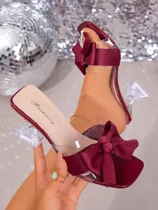 Women’s Bow Knot Mule Heels, Square Toe Transparent Strap Slip-On Sandals, Bow Decor Sandals, Elegant Clear Block Heel Shoes for Party & Daily Wear