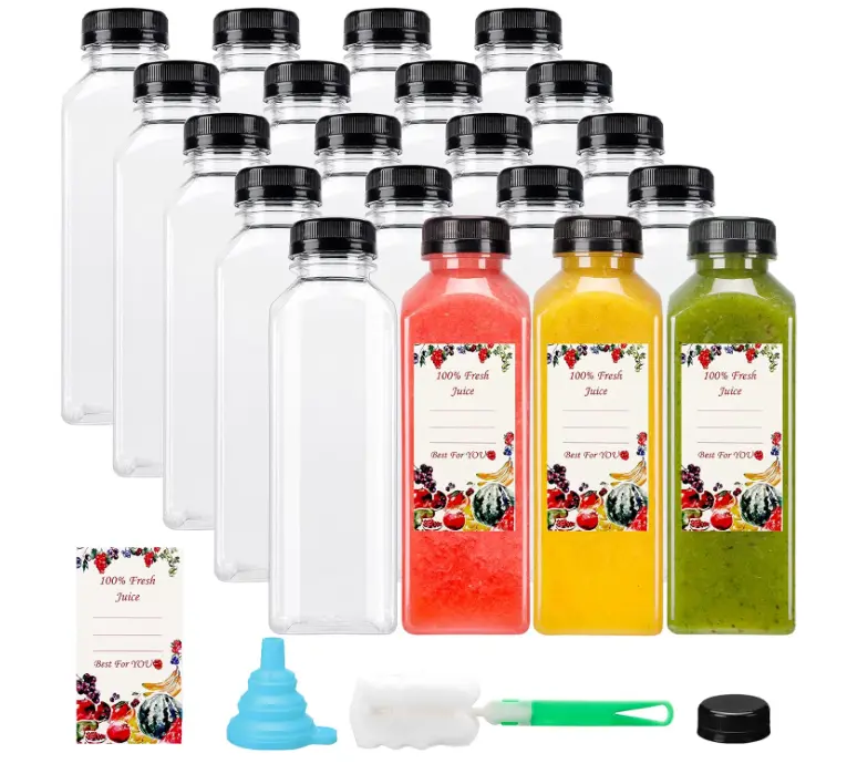 20pcs 16oz BPA-Free Plastic Juice Bottles with Caps & Brush, Reusable Drink Containers for Smoothies, Sports & Outdoor Camping Hiking Use