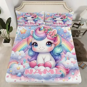 3-Piece Rainbow Unicorn Print Bed Set, Soft Comfortable Deep Pocket Bed Skirt, All-Season Fun Bedding Set with Two Pillowcases, Flower Printed Bedding