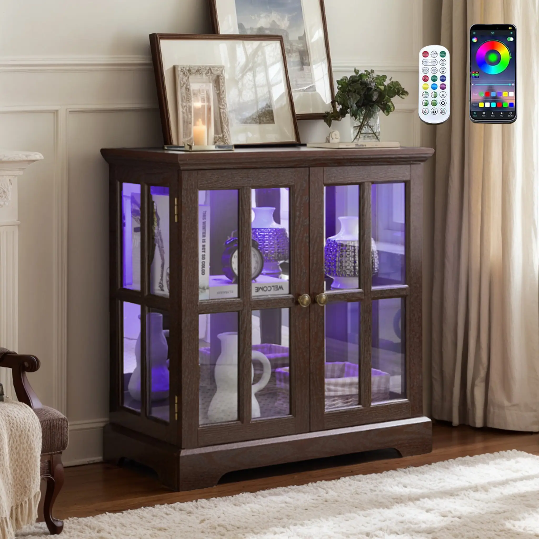 Eyisean 32" Glass Display Cabinet, Storage Cabinet Cupboard with Controlled LED Lights, Adjustable Shelves, Sideboard Buffet Credenza, Indoor Furniture for Collectibles, Living & Dining Room Decor, Apartment Use, Storage Cabinets, Living Room Decor