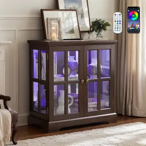 Eyisean 32" Small Curio Cabinet with 7 Color Lights for Collectibles, Smartphone-Controlled, Vintage LED Glass Display Cabinet with Tempered Glass Doors & Adjustable Shelves, China Cabinet for Living Room, Apartment, Hotel