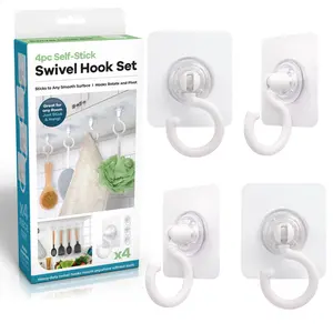 4 Pc Self Stick Swivel Rotating Hooks Set – Just Stick To Any Smooth Surface – Hang Light Weight Items – Great For Bathroom, Kitchen, Any Room Tile, Glass & Metal