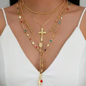 4PCS Layered Gold Cross Necklaces for Women Trendy, Bohemian Bead Pearl Y Long Pendant Necklace Set, Vintage Rosary Necklace Stack Adjustable Length accessories