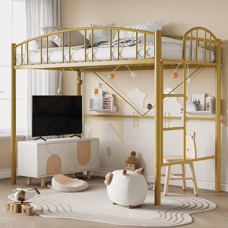 GARVEE Twin Metal Loft Bed - Heavy-Duty Metal Frame, Arched Rail, Safety Ladder, Space-Saving Furniture, No Box Spring Needed, Gold