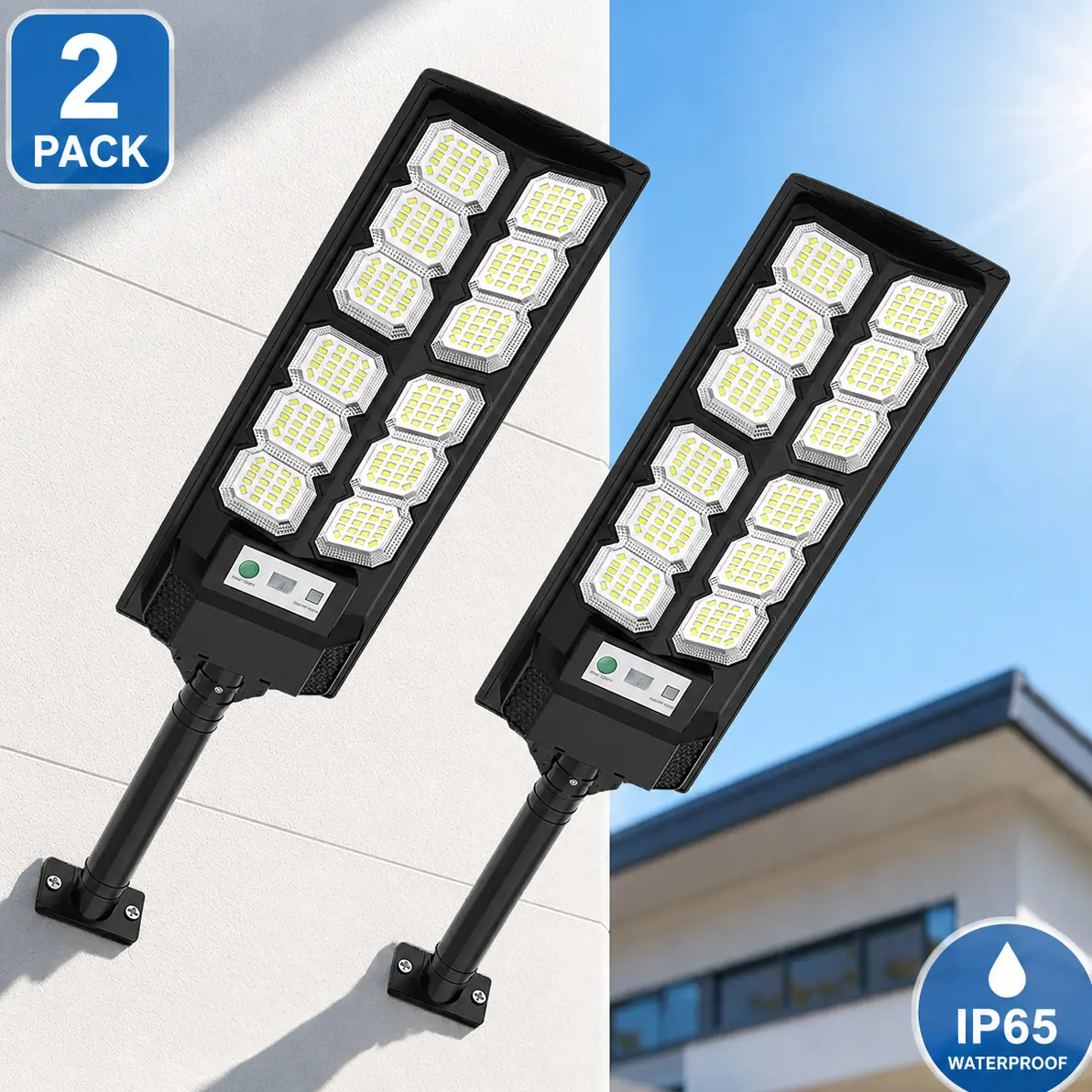 2 Pack Ultra-Bright Solar Street Light Outdoor, 240 LED IP65 Waterproof Solar Flood Light with Motion Sensor & Remote Control, Dusk to Dawn Wide Angle Security Light for Yard, Garage, Parking Lot lámpara