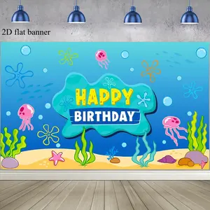 2D Under The Sea Happy Birthday Banner Backdrop Decoration, Party Decorations Banners, Ocean Photo Background Jellyfish Seaweed Wall Décor for Birthday Baby Shower Party Photography Decorations, Party Decoration Supplies