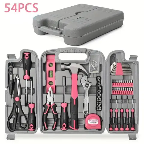 24/54 Piece Pink Household Tool Box Set - Alloy and Plastic, Allen Keys, Screwdrivers, Pliers, General Household Repair Kit, Combination Set